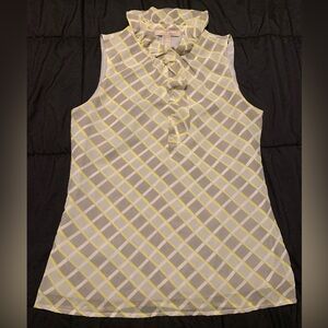 Banana Republic XS Sleeveless Blouse Ruffle Neck Gray Yellow Diamond Pattern